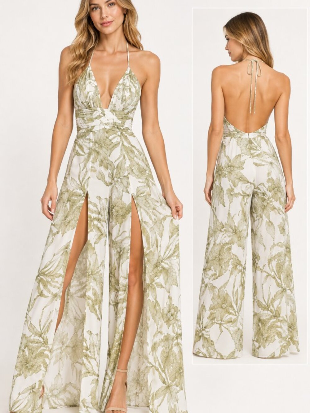 Katie May Never Cross Jumpsuit S Ivory Green Floral Split Leg Halter Revolve